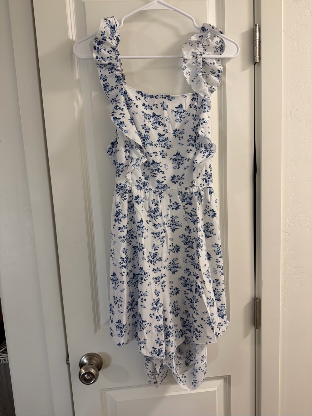 White & Blue Floral Ruffle Romper Jumpsuit